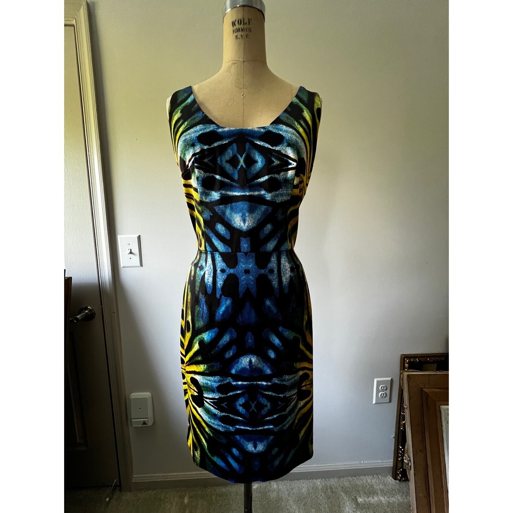 Miss Sixty Y2K Butterfly Print Stretch Bodycon Dress Blue Yellow Size 10